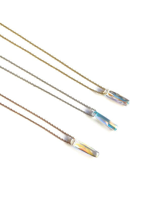 Three Vertical Crystal aurora borealis Bar Pendant Necklace on Silver, brass, and gold chains