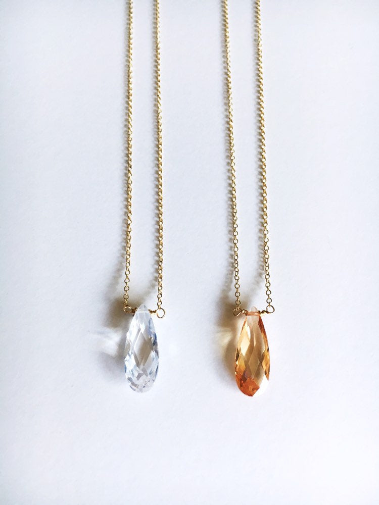 Cubic zirconia teardrop crystal pendant on gold filled chain necklace – available in clear or champaign hanging.