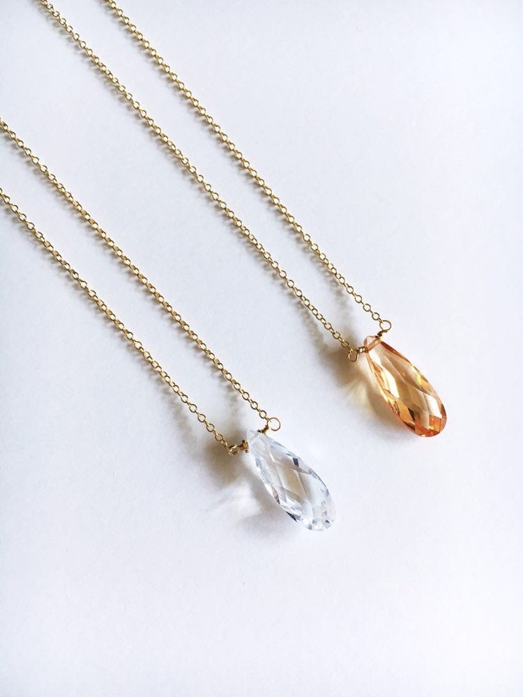 Cubic zirconia teardrop crystal pendant on gold filled chain necklace – available in clear or champaign