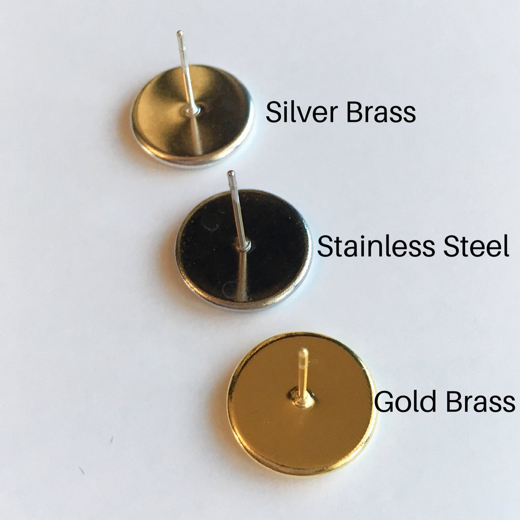 Comparison of Silver Brass, Stainless Steel, and Gold Brass stud earring settings.
