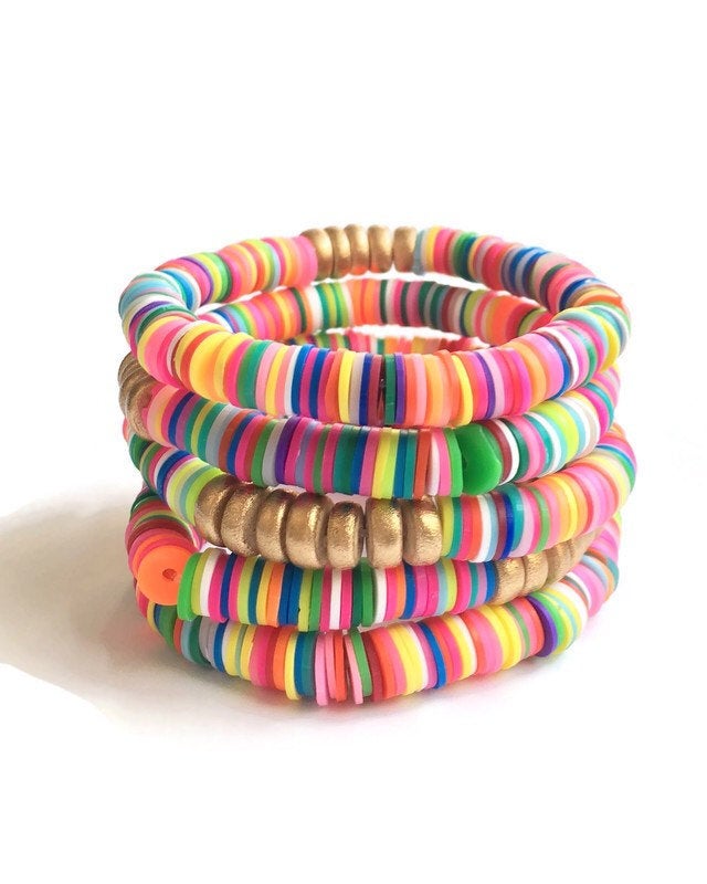 Five Rainbow Confetti vinyl and wood Beaded stretch Bracelets stacked