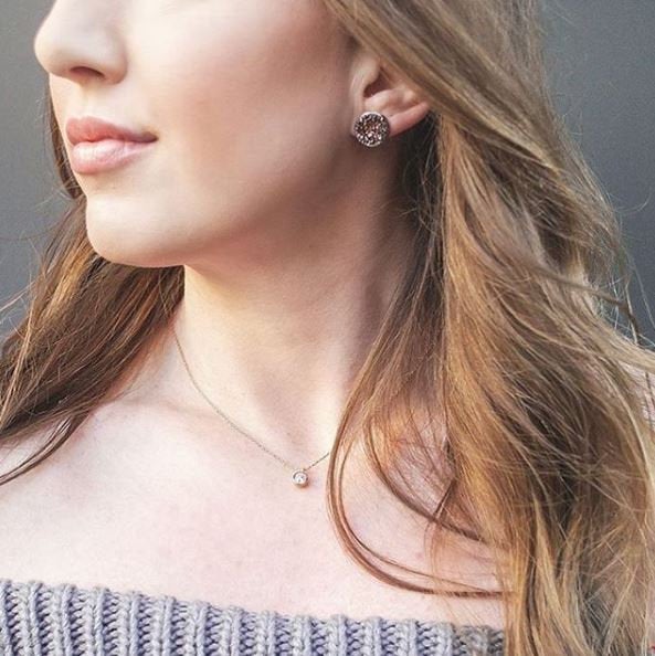 Women wearing This rose gold resin druzy stud earring is set in a yellow gold color setting.
