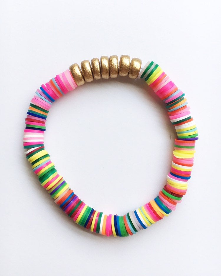Rainbow Confetti vinyl and wood Beaded stretch Bracelet