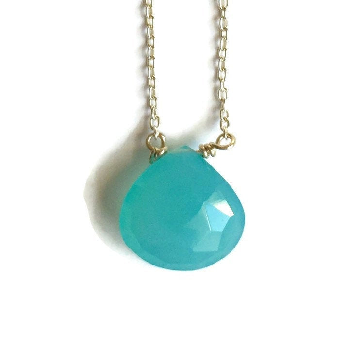 Aqua Chalcedony Teardrop Pendant Necklace with Sterling Silver Chain