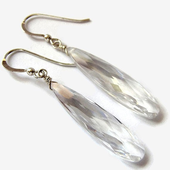 Clear cubic zirconia teardrop crystal earrings with sterling silver hand wired loop and sterling silver ear wires