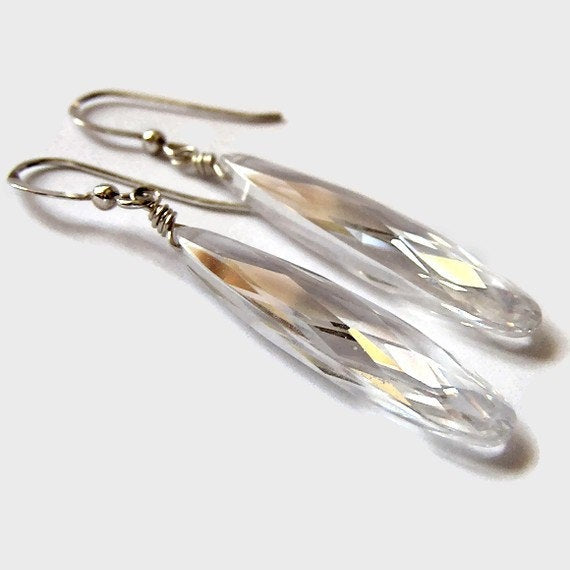 Clear cubic zirconia teardrop crystal earrings with sterling silver hand wired loop and sterling silver ear wires