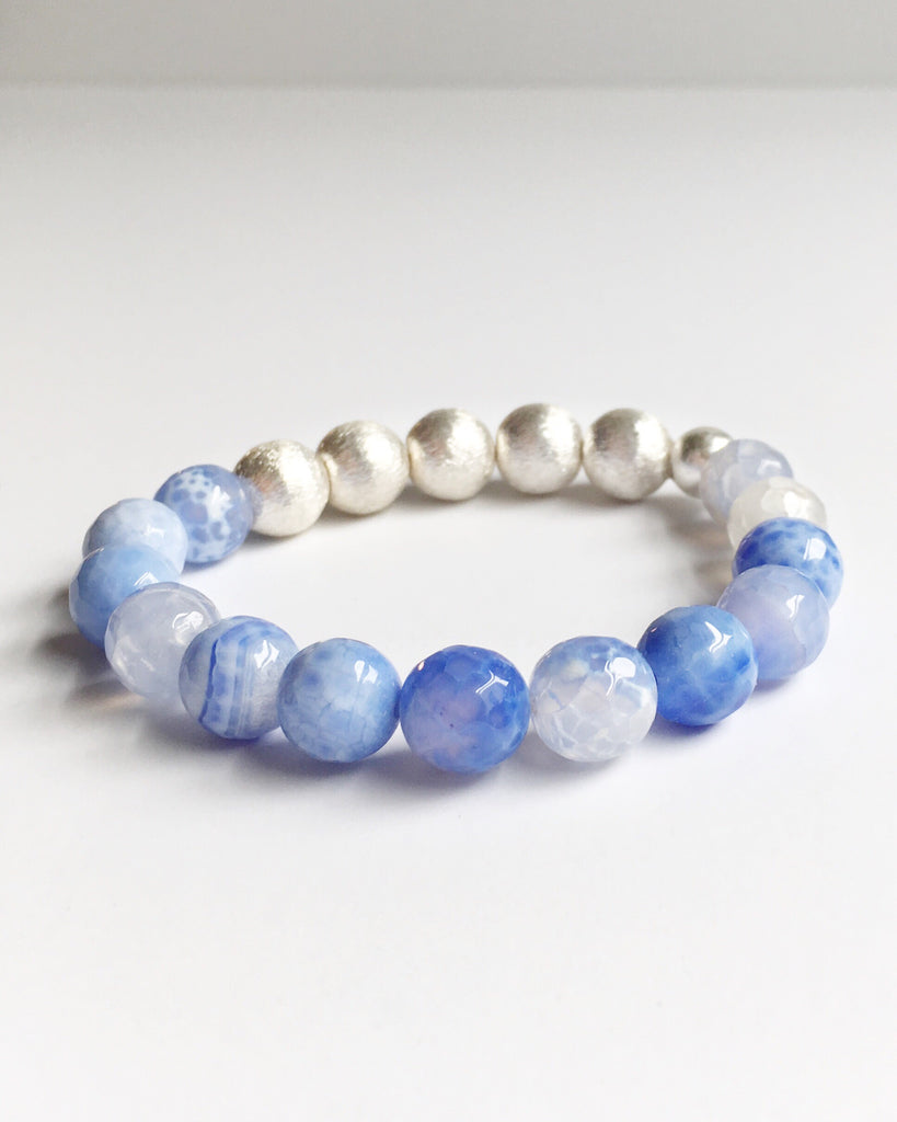 White and Blue Lace Agate and Silver Stacking Beaded Bracelets