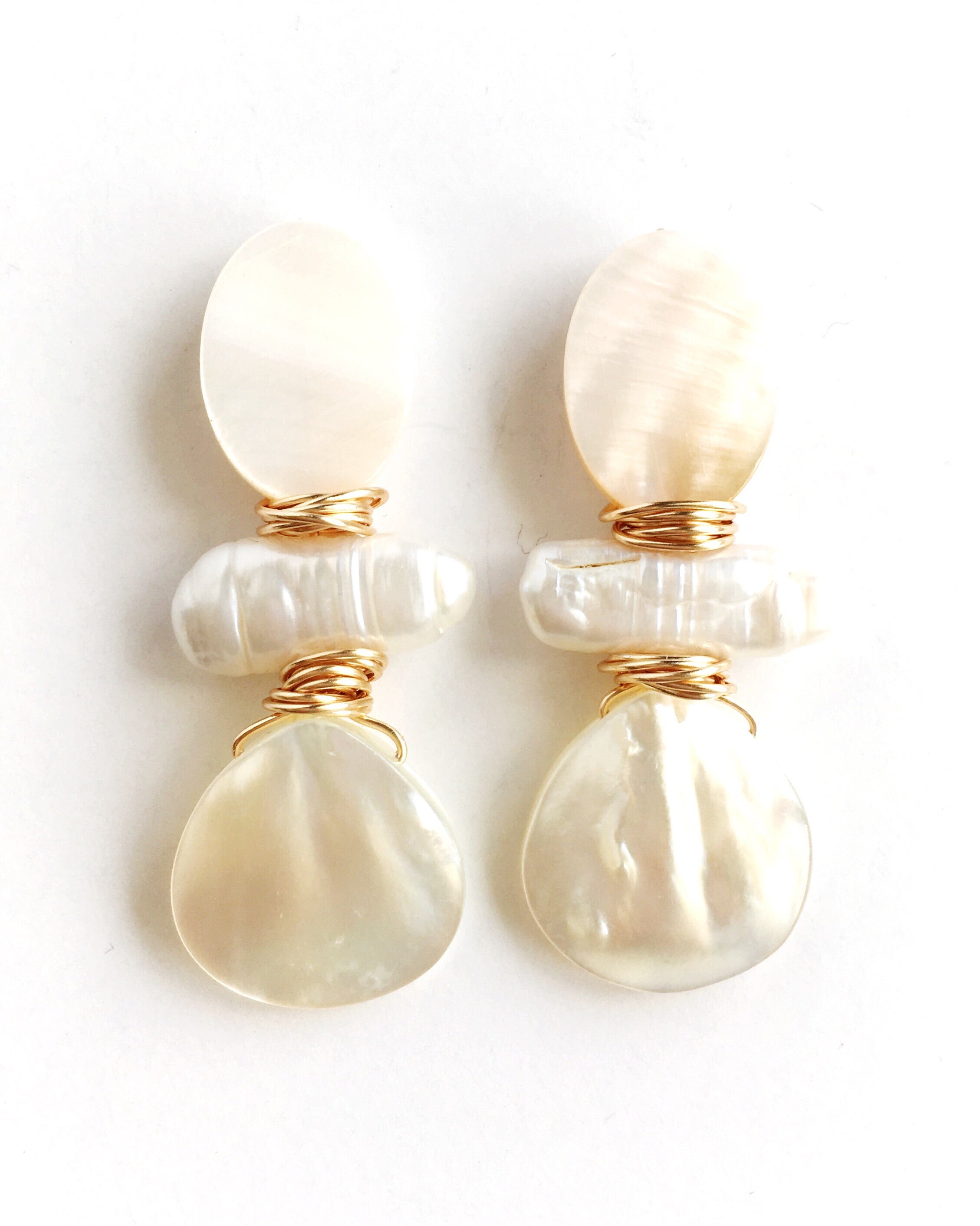 Three Stone Mother of Pearl and pearl stone earrings wrapped with gold plated wire