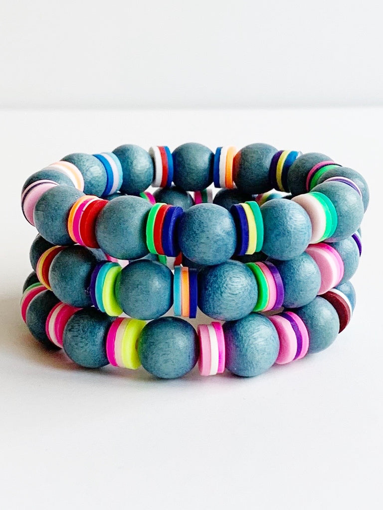 Child sized Blue and Rainbow Confetti beaded stretch bracelet