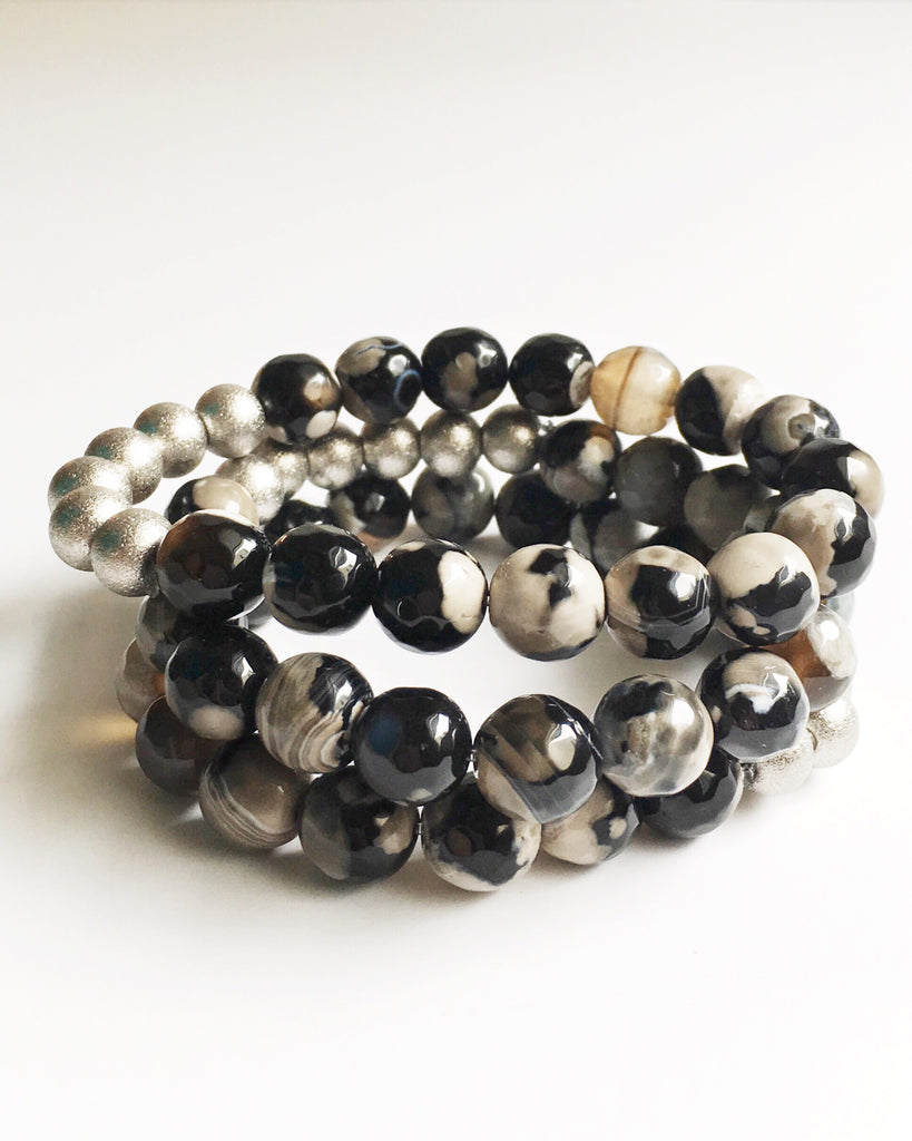 Three Black and Gray Agate with Silver Stacking Beaded Stretch Bracelets stacked.