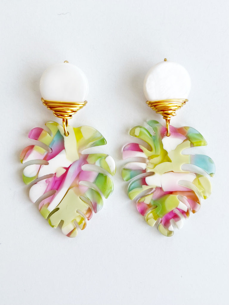 colorful earrings with gold and mother of pearl