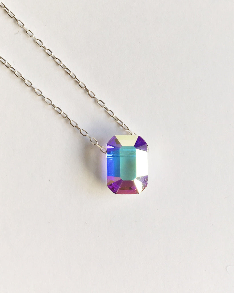 Small Aurora Borealis Crystal and Sterling Silver Pendant Necklace