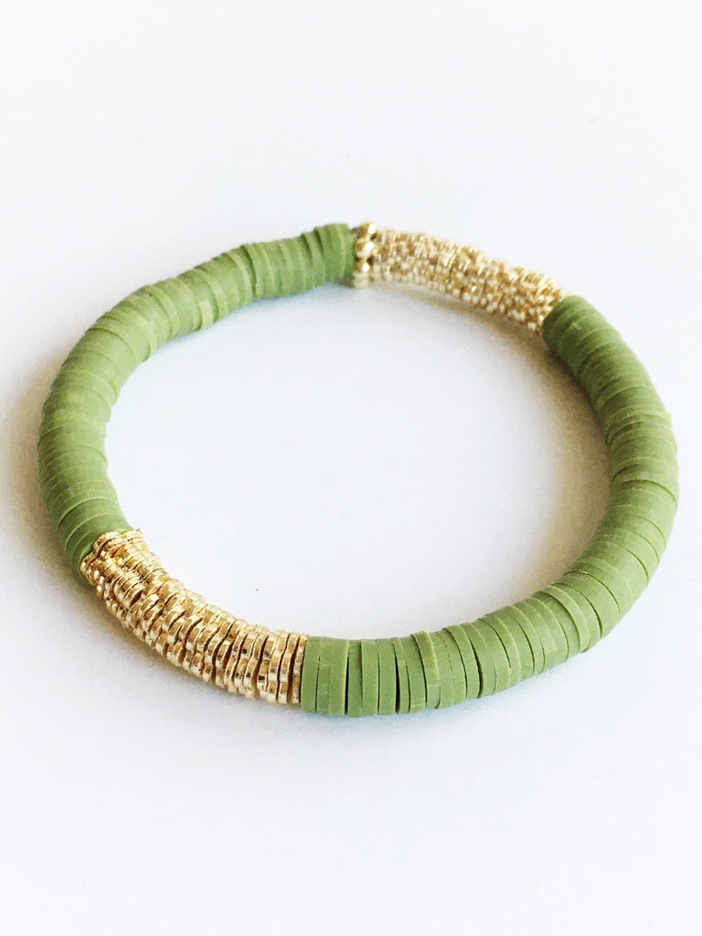 Olive Green Confetti vinyl and 14K Gold plated Beaded Stretch Bracelet