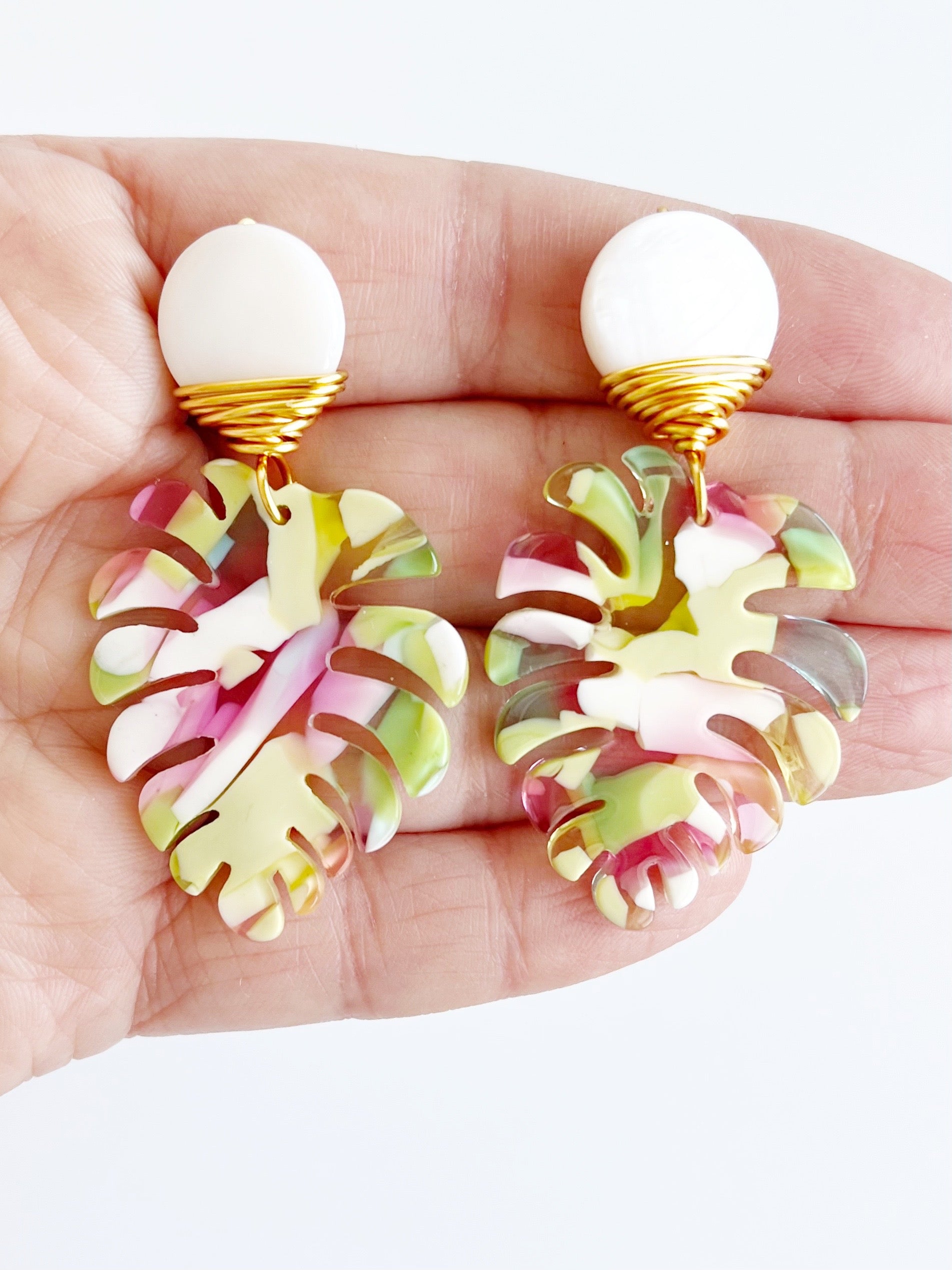 green and pink palm leaf earrings