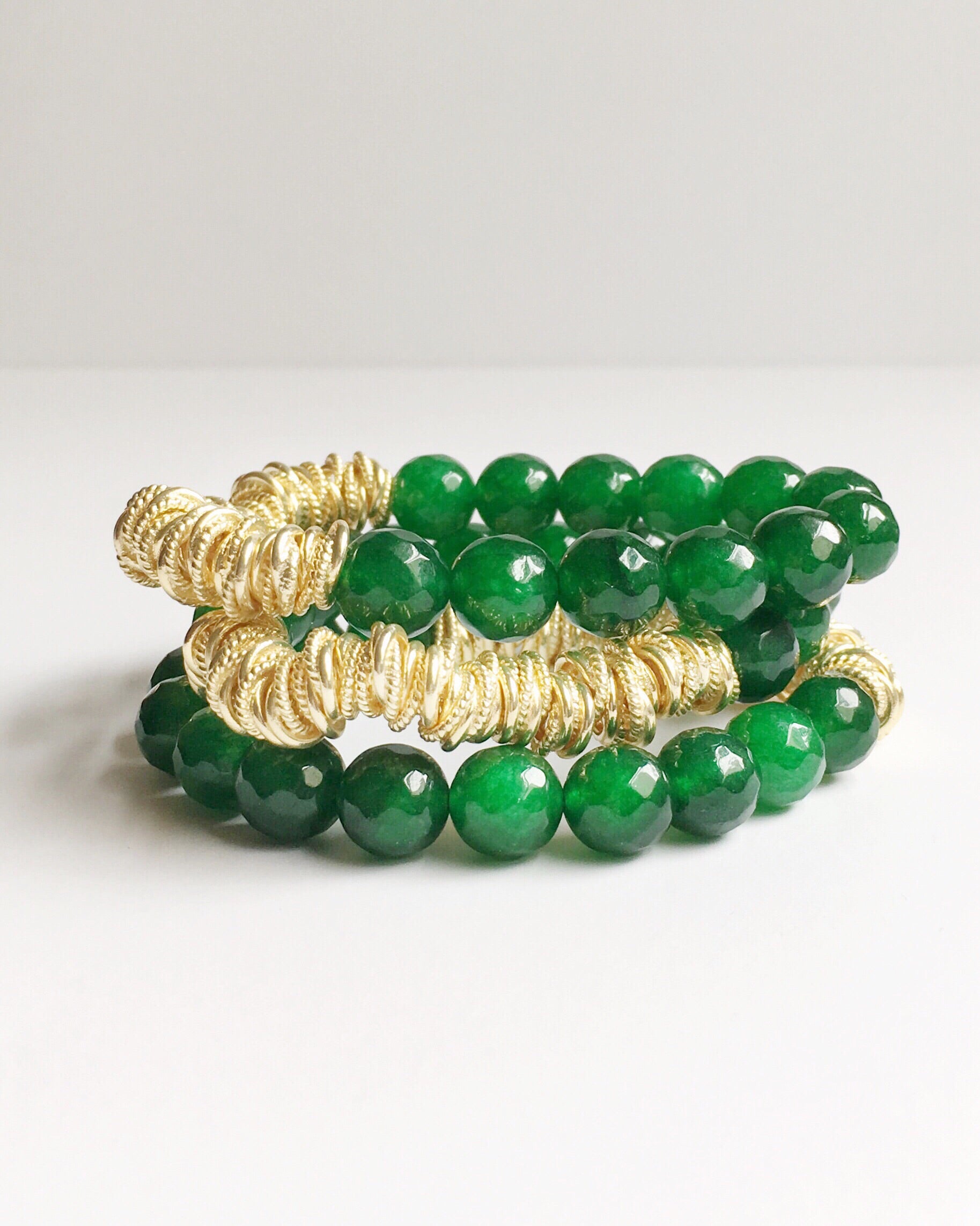 Three Green Agate and Gold Stacking Beaded stretch Bracelets stacked