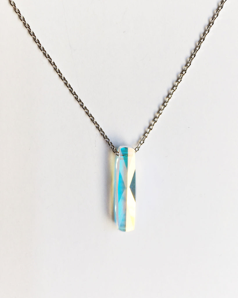 Vertical Crystal aurora borealis Bar Pendant Necklace on gold chain.
