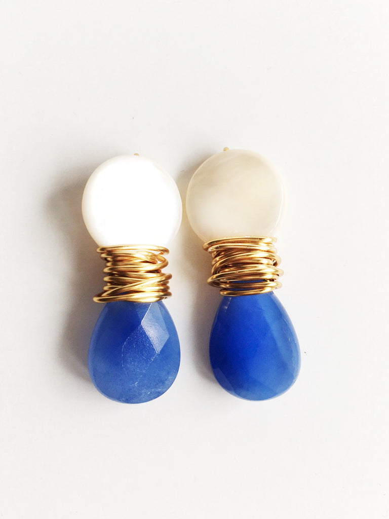 Blue Chalcedony stone and Mother of Pearl Teardrop shell with gold plated wire Earrings