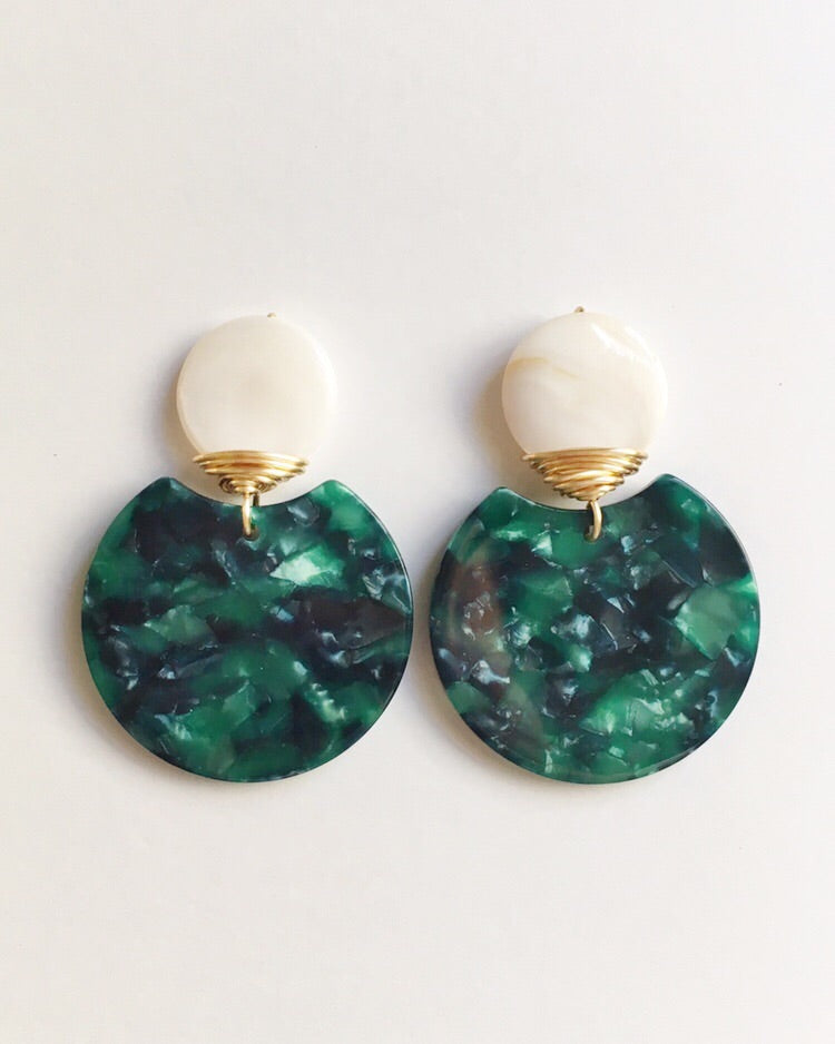 Mother of Pearl, Green Lucite, and Gold Wire Wrapped Earrings