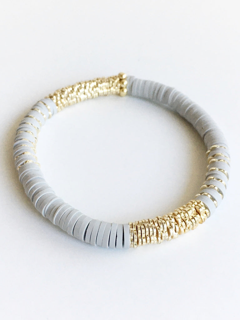 Light Gray Confetti and Gold Beaded Stretch Bracelet