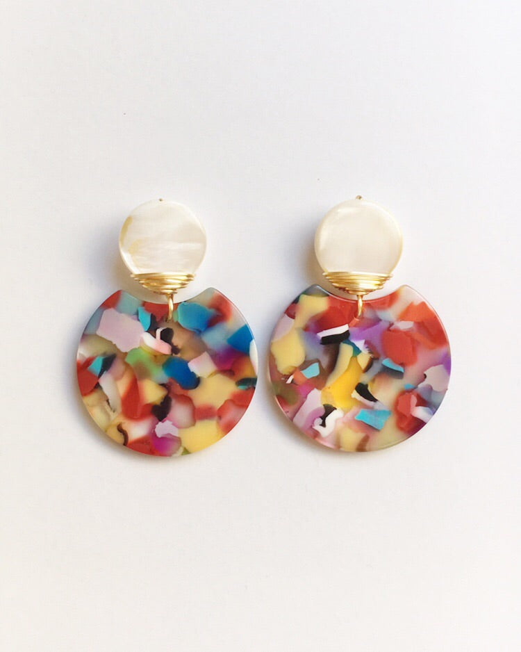 Mother of Pearl, Rainbow Lucite, and Gold Wire Wrapped Earrings