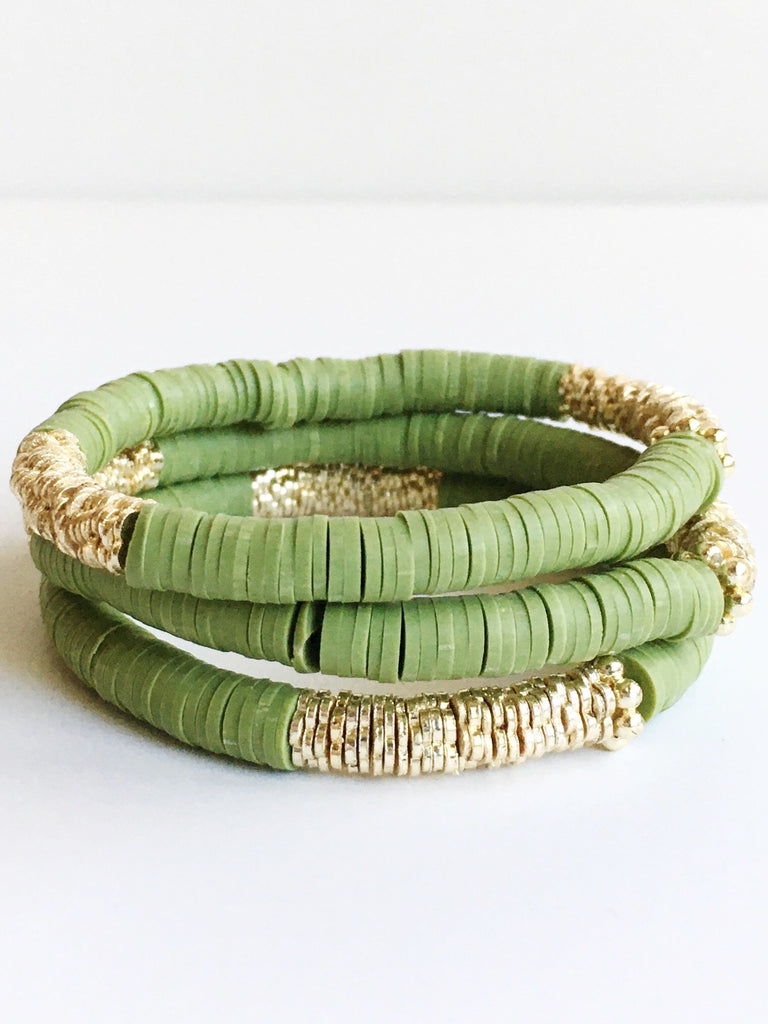 Three Olive Green Confetti vinyl and 14K Gold plated Beaded Stretch Bracelets stacked