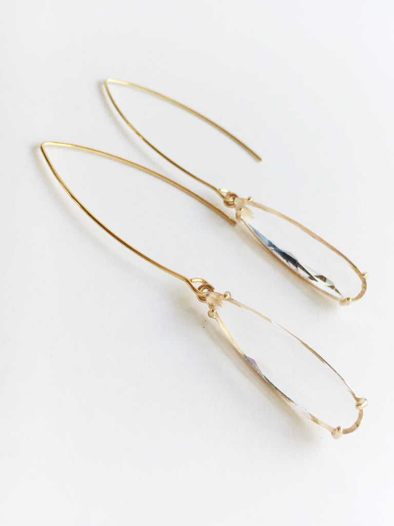 Crystal clear Glass Teardrop and Gold Long Dangle Earrings