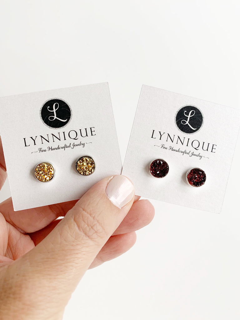 One pair of Small Metallic Gold and one pair of Maroon Druzy Stud Earrings