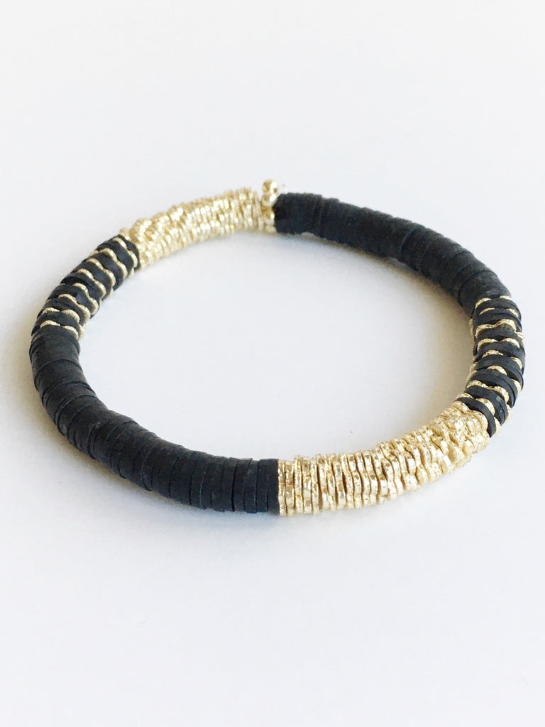 Black Confetti and Gold Beaded Stretch Bracelet