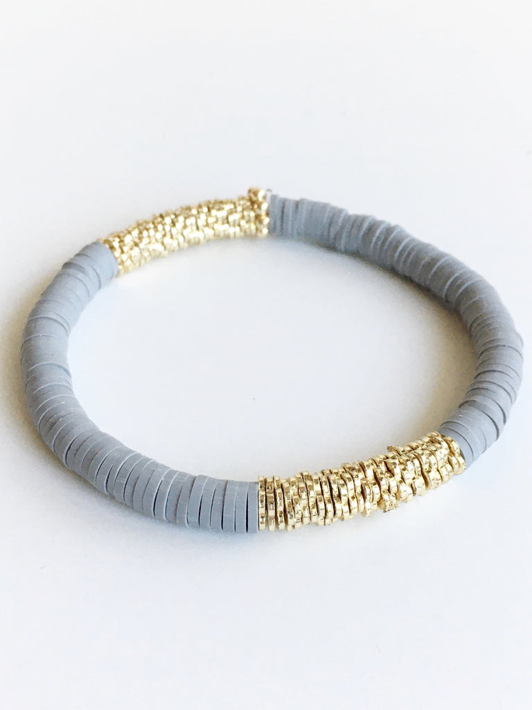 Dark Gray Confetti and Gold Beaded Stretch Bracelet