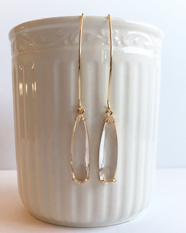 Clear Teardrop and Gold Long Dangle Earrings