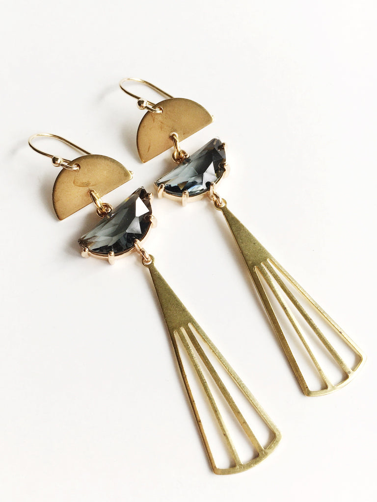 Long gold teardrop with gray glass accent dangle earrings