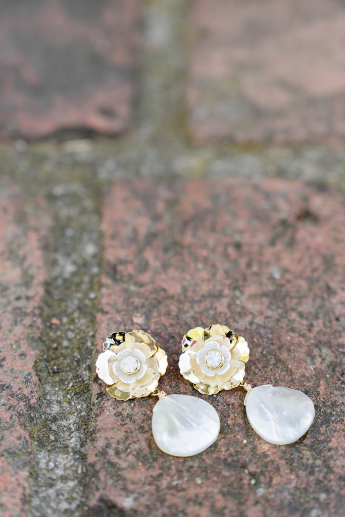 Flower and Mother of Pearl Drop Earrings