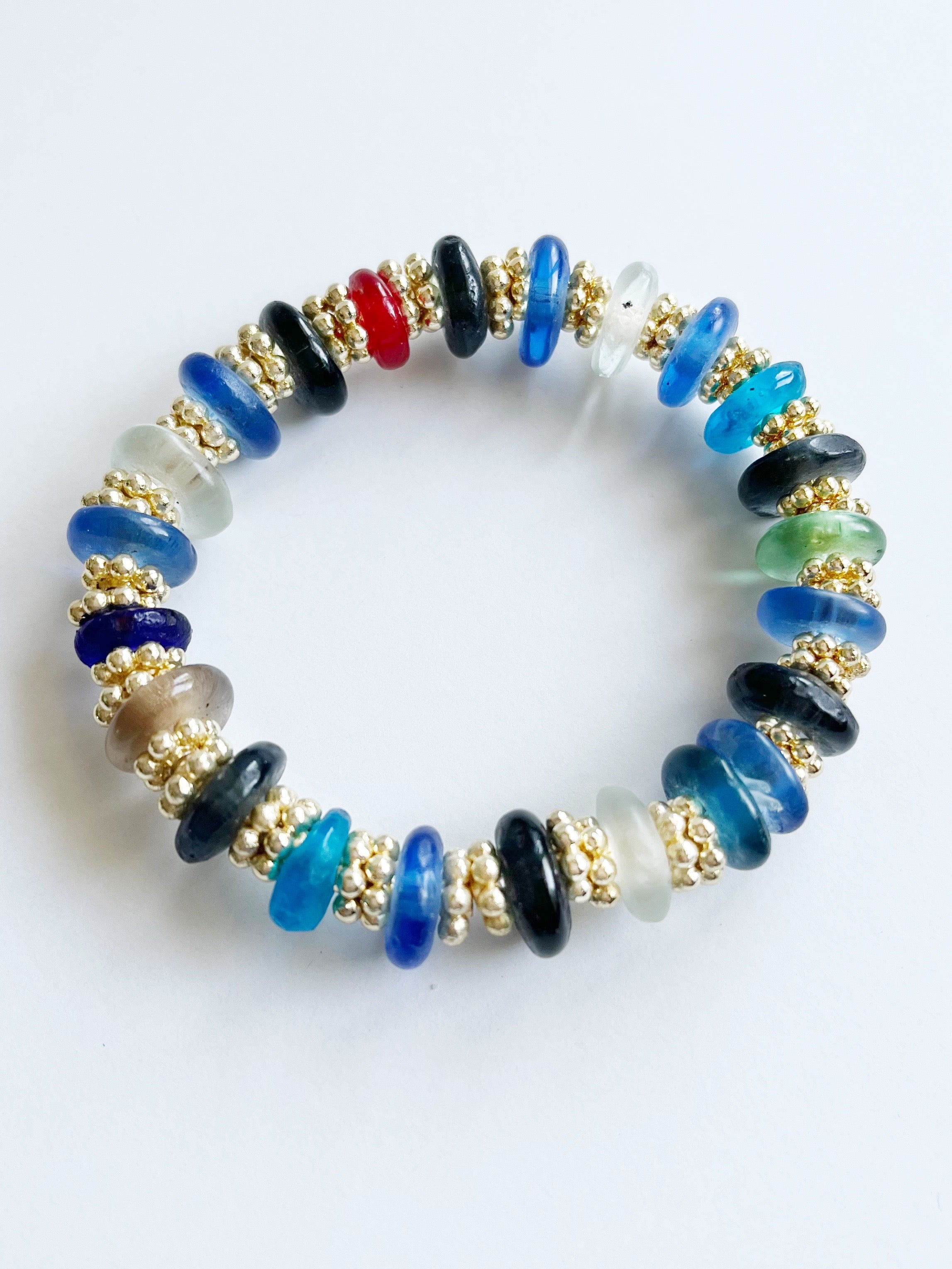 multi color recycled glass and yellow gold bead bracelet 