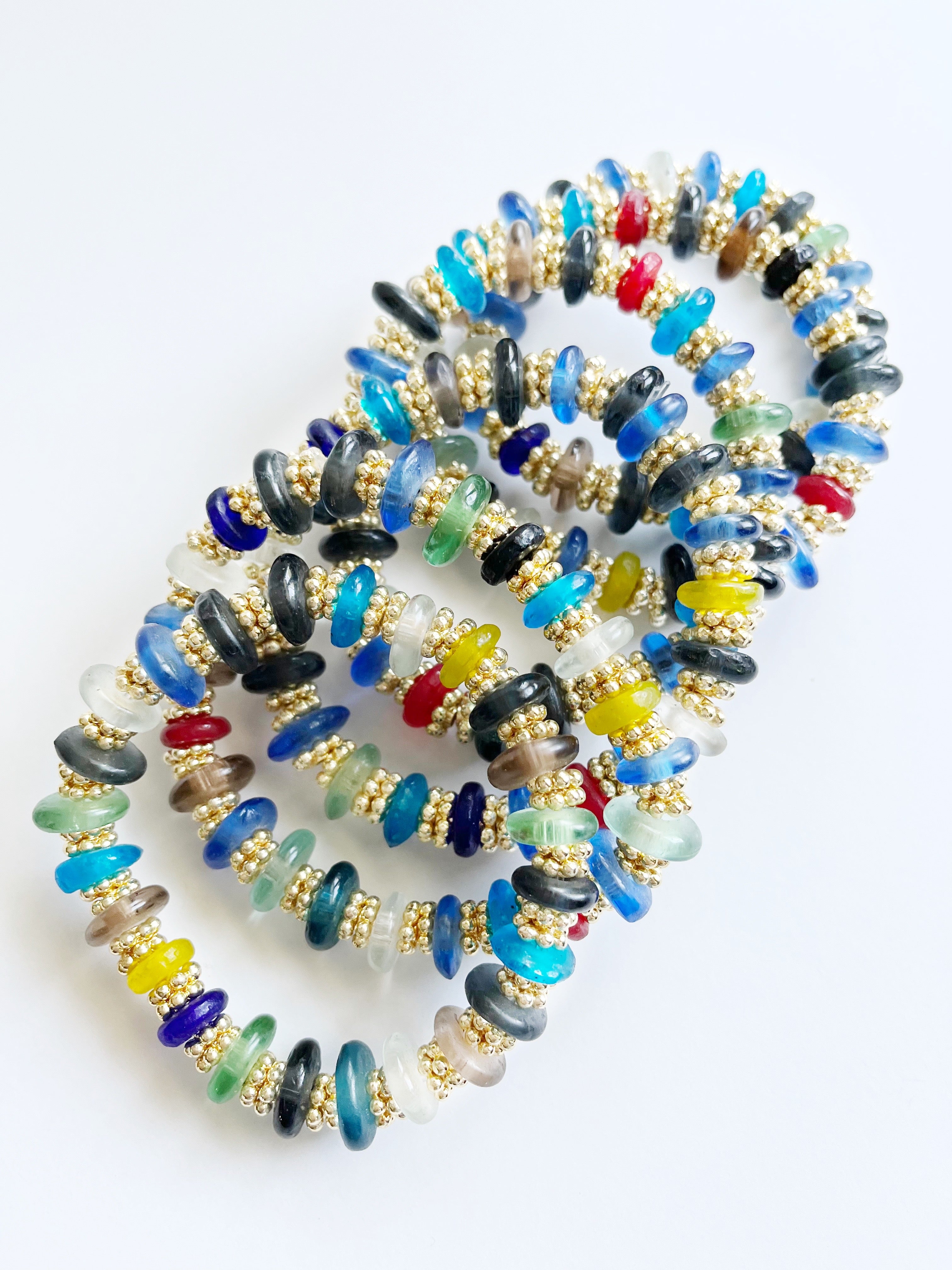 multi color recycled glass and yellow gold bead bracelets
