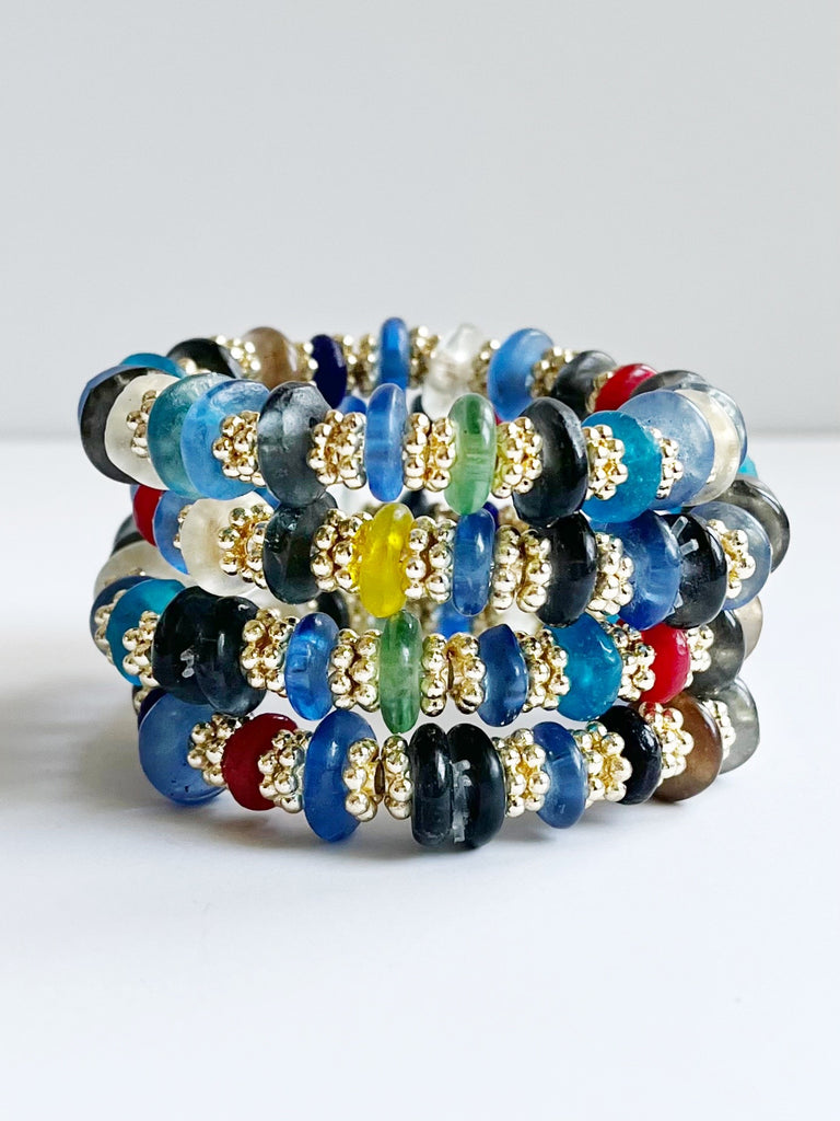 multi color recycled glass and yellow gold bead bracelet stack