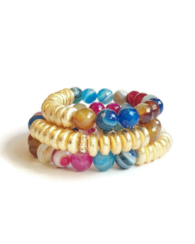 Three Multi Color Agate and Gold Agate Stacking Beaded Bracelets stacked 